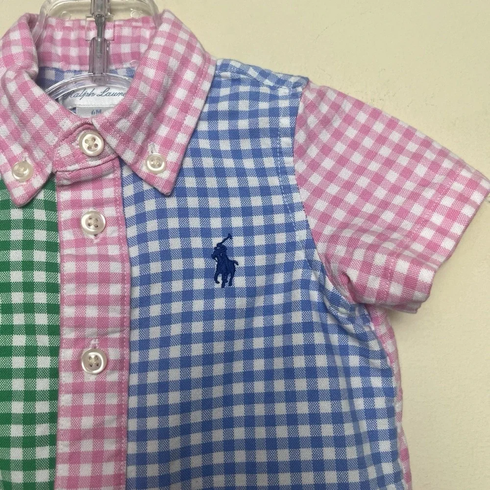 Ralph Lauren Polo Baby Gingham Cotton Oxford Fun Romper EUC Blue Green Pink 6M‎
